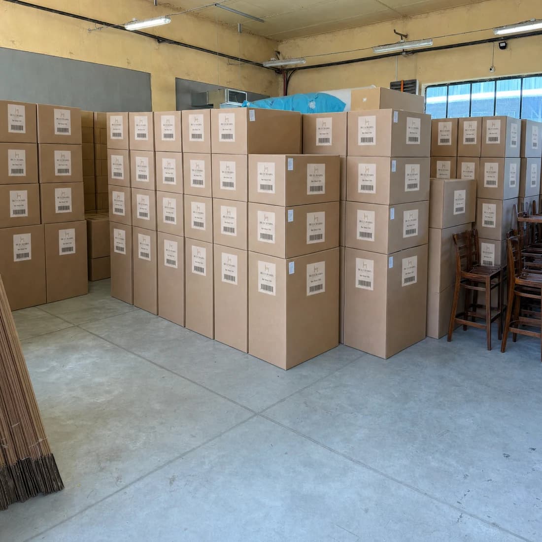 Cartons labelled BulChairs stacked in the dispatch bay at the factory in Troyan